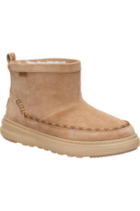 A single mid-calf suede boot in a light tan/beige color, featuring decorative stitching around the vamp and a thick matching sole, shown against a plain white background.