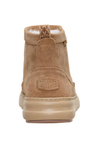 A single tan suede ankle boot shown from the back on a plain white background, featuring a pull tab and a debossed logo on the heel.