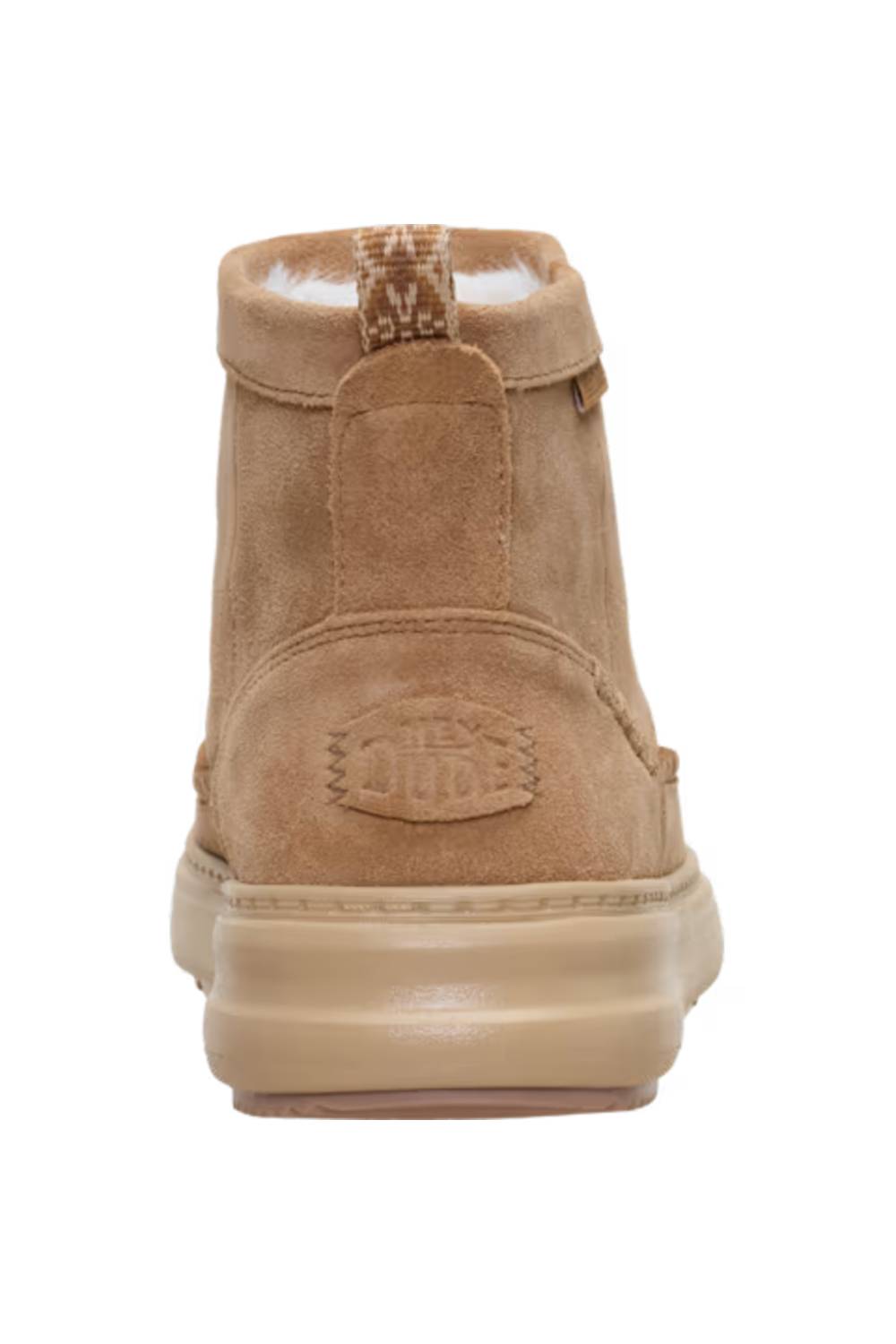 A single tan suede ankle boot shown from the back on a plain white background, featuring a pull tab and a debossed logo on the heel.