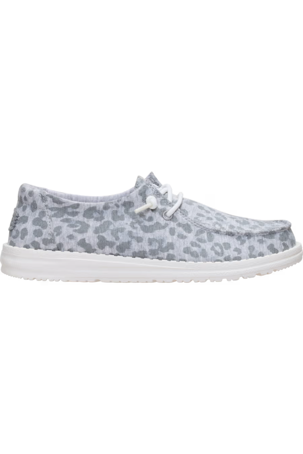 A light gray slip-on shoe with a darker gray leopard print pattern and a white sole, shown from a side profile on a white background.