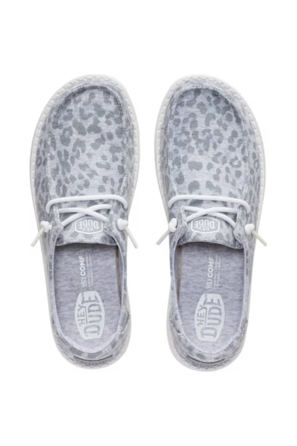 A pair of New Dude slip-on shoes in a light gray and white leopard print pattern, shown from a top-down view on a white background.