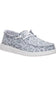 A light gray and white leopard print slip-on shoe with white laces and a white sole, shown against a plain white background.