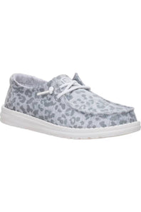 A light gray and white leopard print slip-on shoe with white laces and a white sole, shown against a plain white background.