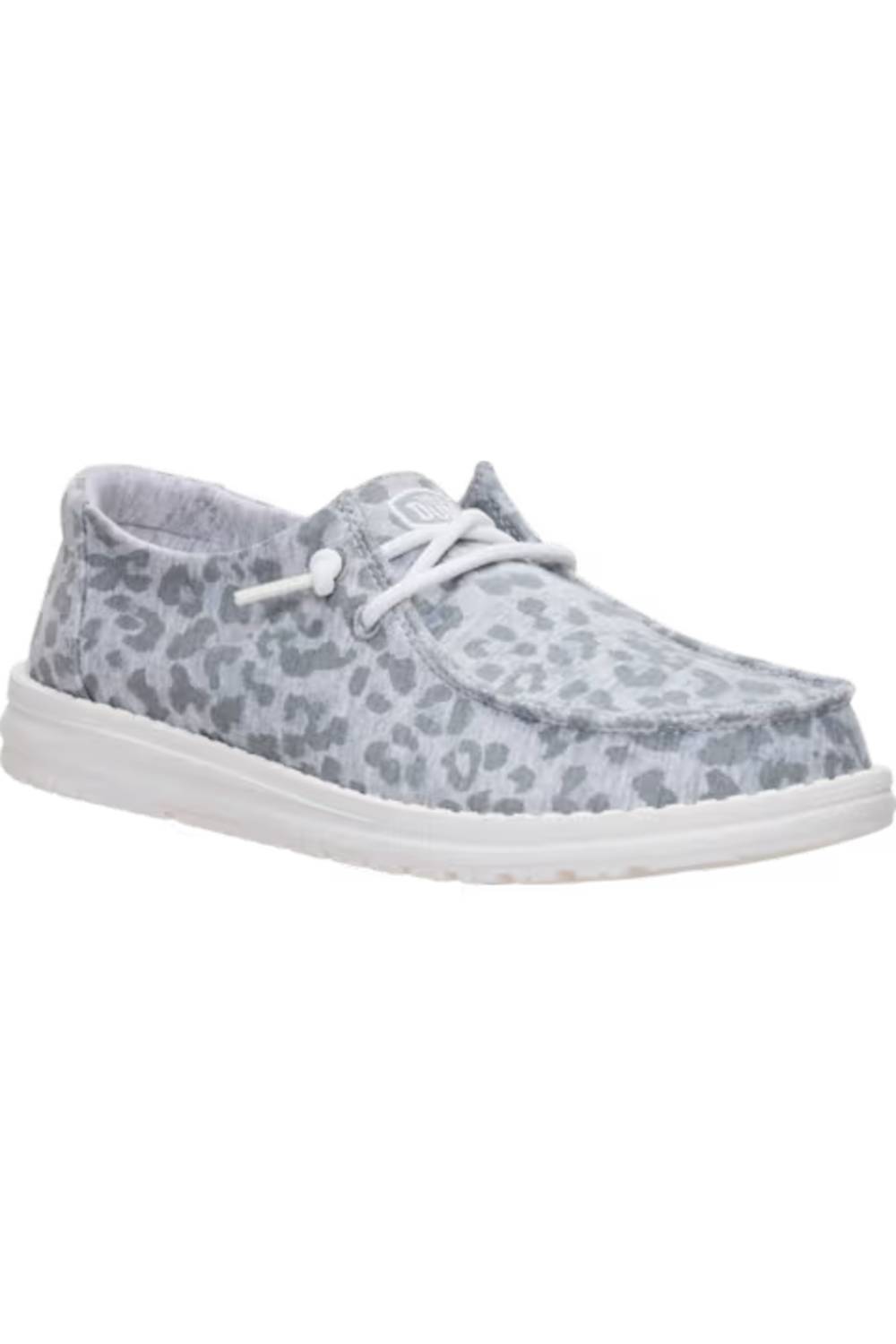 A light gray and white leopard print slip-on shoe with white laces and a white sole, shown against a plain white background.