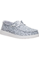 A light gray and white leopard print slip-on shoe with white laces and a white sole, shown against a plain white background.
