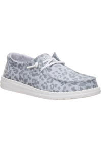 A light gray and white leopard print slip-on shoe with white laces and a white sole, shown against a plain white background.