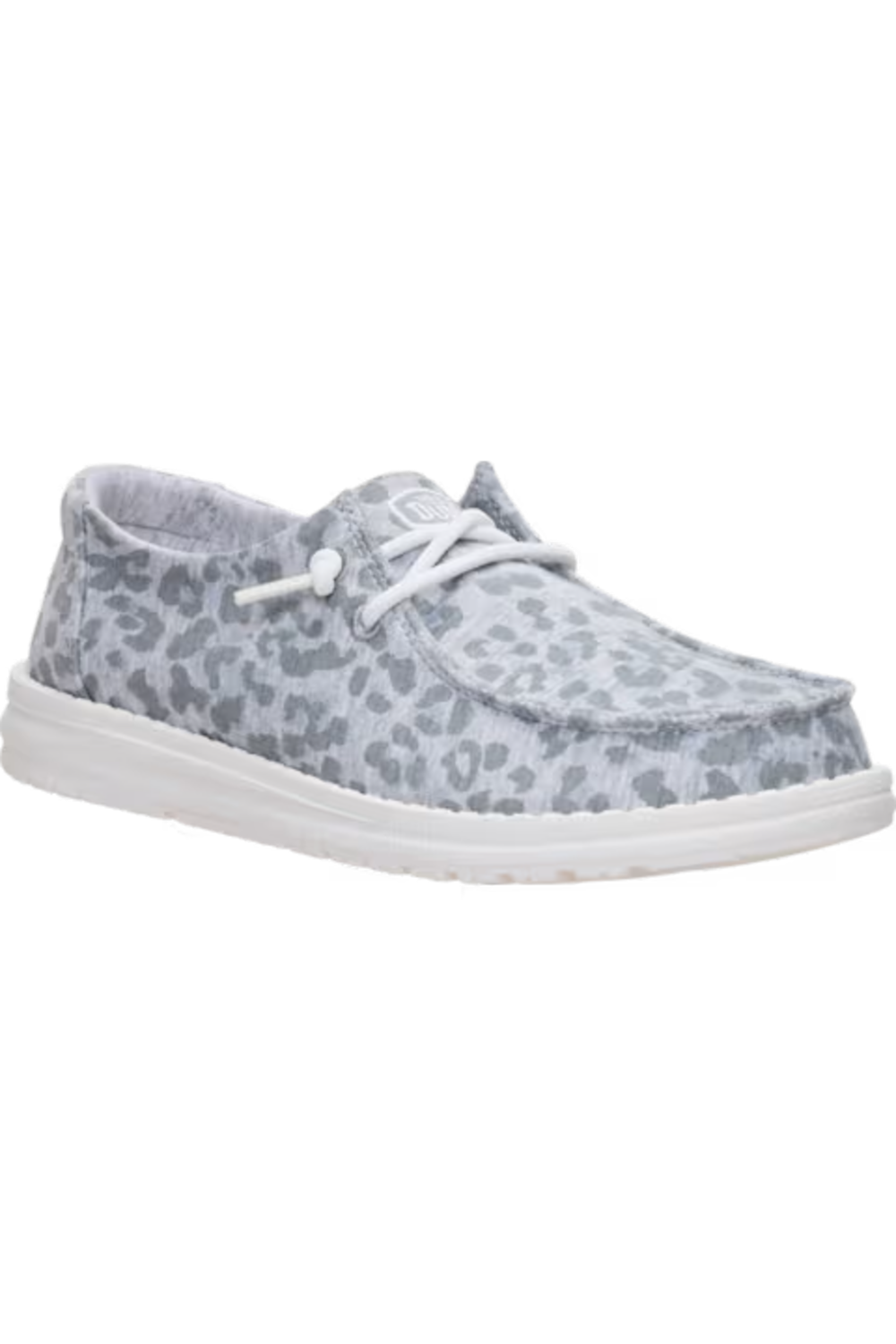 A light gray and white leopard print slip-on shoe with white laces and a white sole, shown against a plain white background.