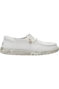 A white slip-on shoe with a textured mesh upper, matching white laces, and a chunky, speckled white sole, shown against a plain white background.