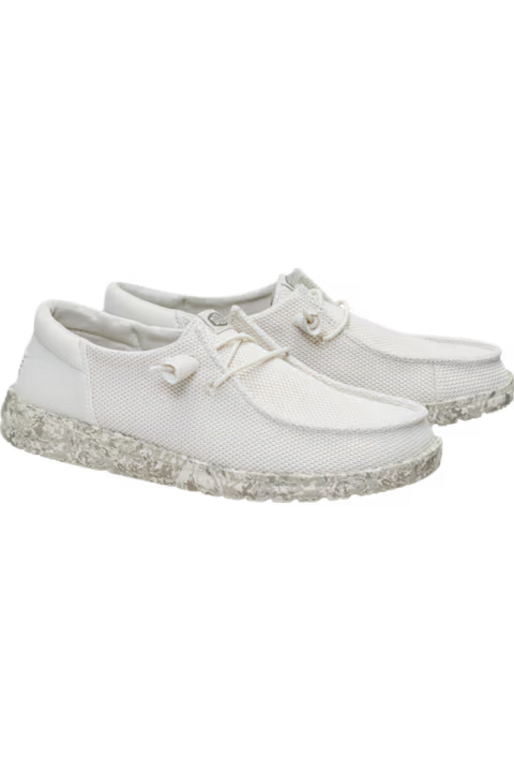 A pair of white canvas lace-up shoes with textured, speckled gray and white soles, shown against a plain white background.