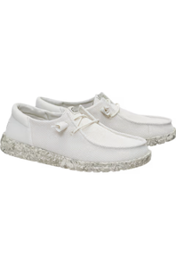 A pair of white canvas lace-up shoes with textured, speckled gray and white soles, shown against a plain white background.