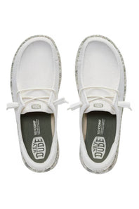 A pair of white slip-on mesh sneakers with textured gray and white patterned soles, shown from a top-down view on a white background.
