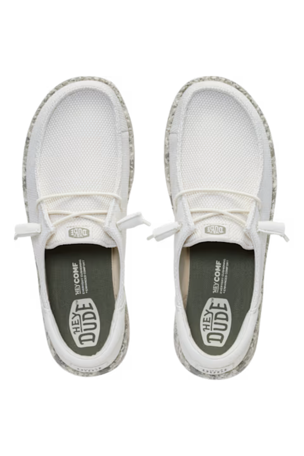A pair of white mesh slip-on sneakers with gray and white distressed detailing on the soles, shown from a top-down view on a white background.