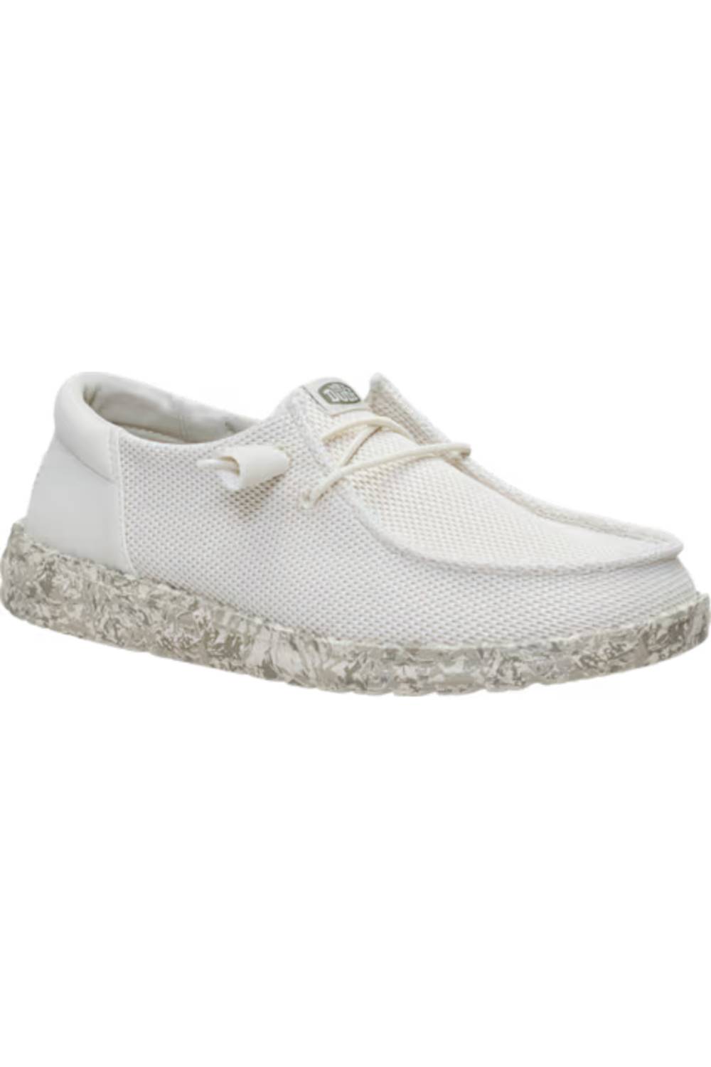 A single white slip-on shoe with a textured mesh upper, matching white laces, and a chunky speckled gray and white platform sole, shown against a plain white background.