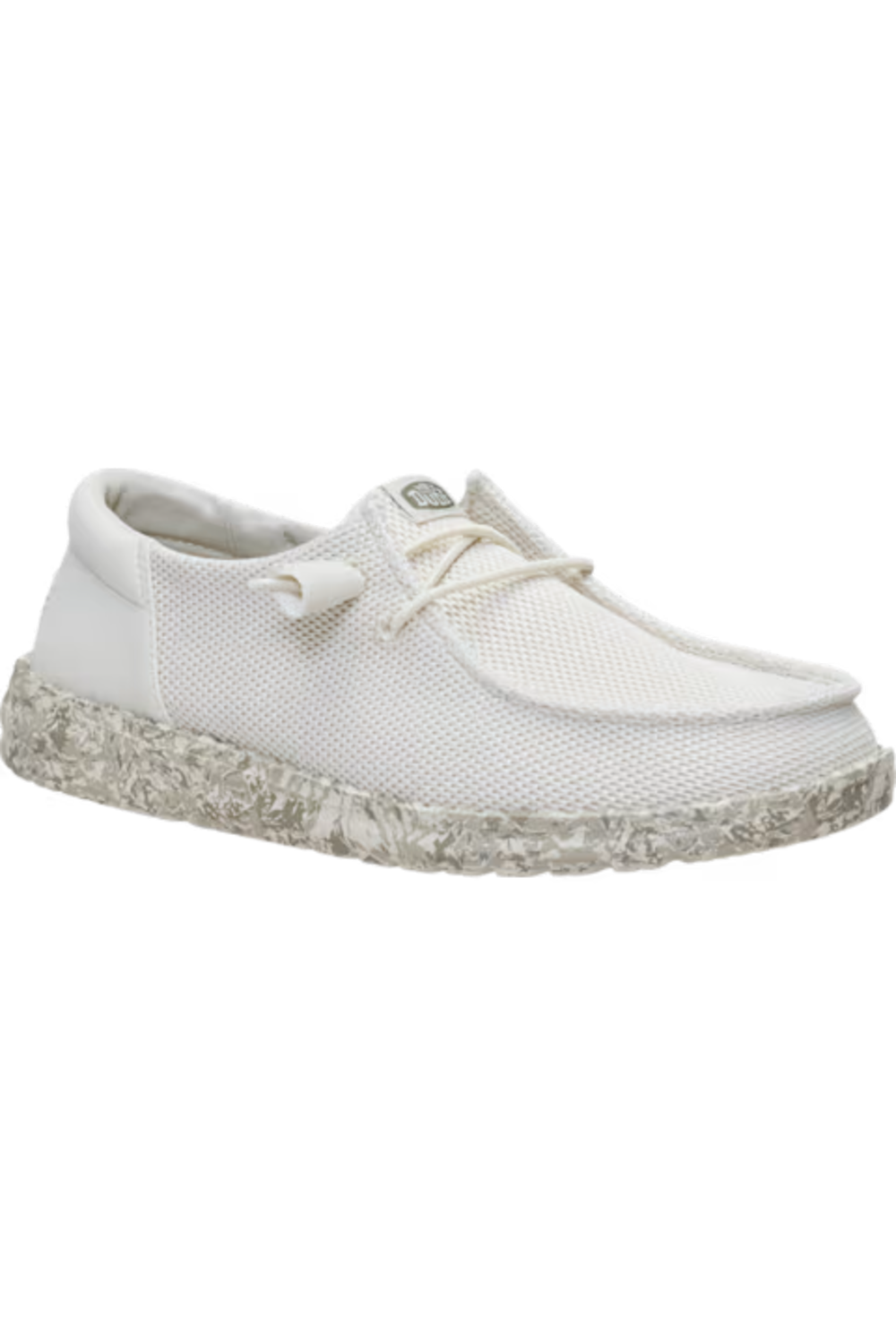 A white slip-on shoe with a textured mesh upper, matching white laces, and a speckled gray and white sole, shown against a plain white background.