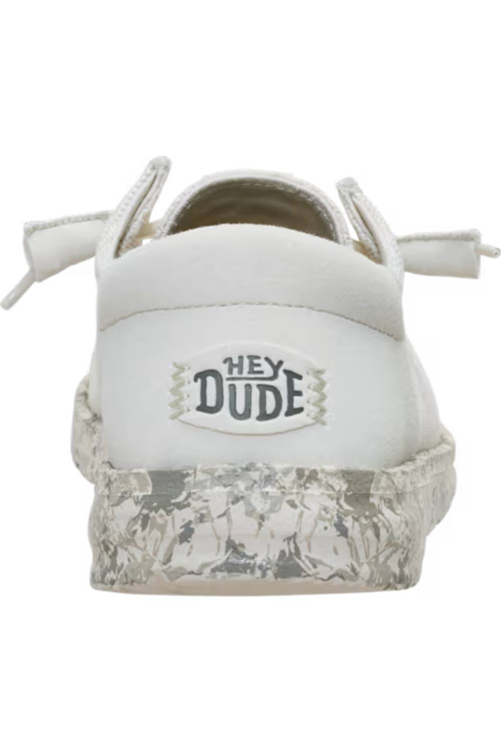White low-top sneaker with a textured, distressed silver sole and a central patch reading 'HEY DUDE'.