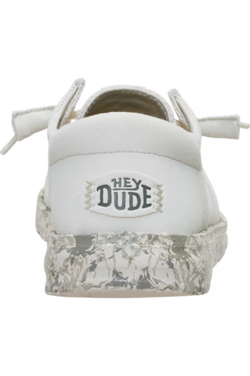 White low-top sneaker with a textured clear sole and a white heel patch featuring the 'HEY DUDE' logo.