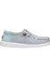 A light blue suede boat shoe with a textured light blue heel panel, white sole, and a small brown leather detail on the side.