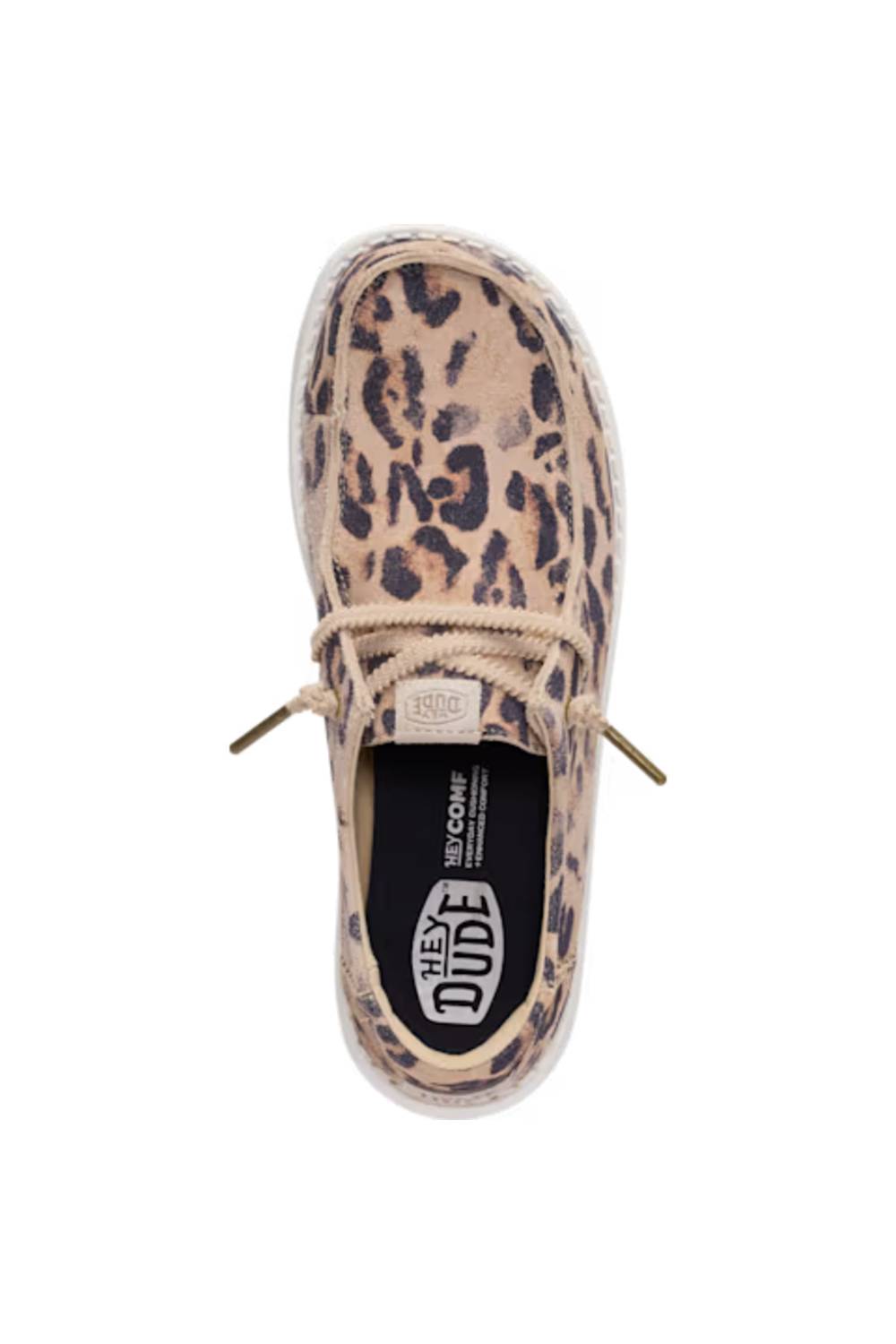 A single platform loafer from Hey Dude, featuring a beige and brown leopard print upper, beige laces, and a black insole with the brand logo.