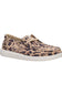 A single slip-on boat shoe featuring a beige and brown leopard print upper with a thick white sole, shown against a plain white background.