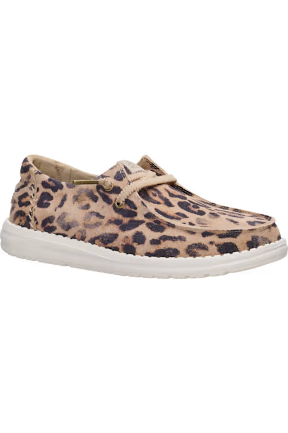 A single slip-on boat shoe featuring a beige and brown leopard print upper with a thick white sole, shown against a plain white background.