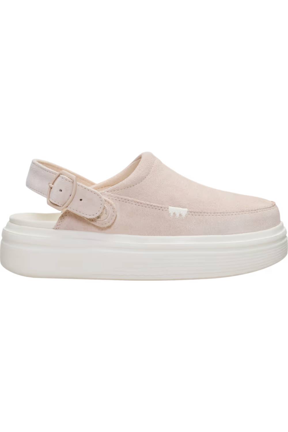 A light pink slip-on clog shoe with a thick white platform sole, shown from a side profile on a white background.