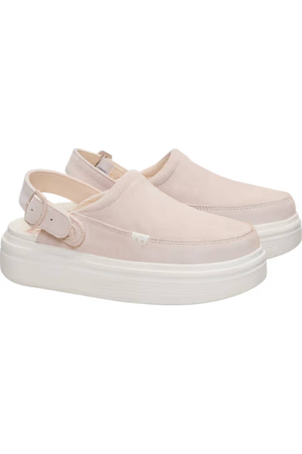 A pair of light pink slip-on platform clogs with adjustable ankle straps, shown against a plain white background.