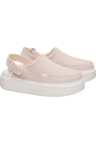 A pair of light pink slip-on platform clogs with adjustable ankle straps, shown against a plain white background.