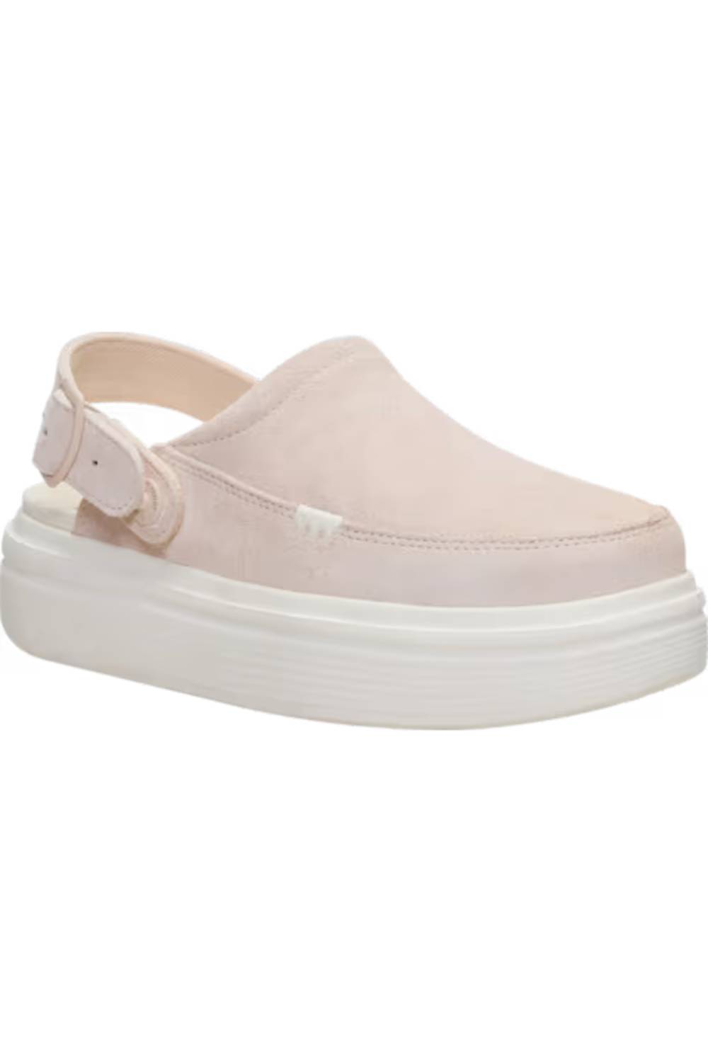 A light pink slip-on clog shoe with a thick white platform sole, shown from a side profile on a white background.