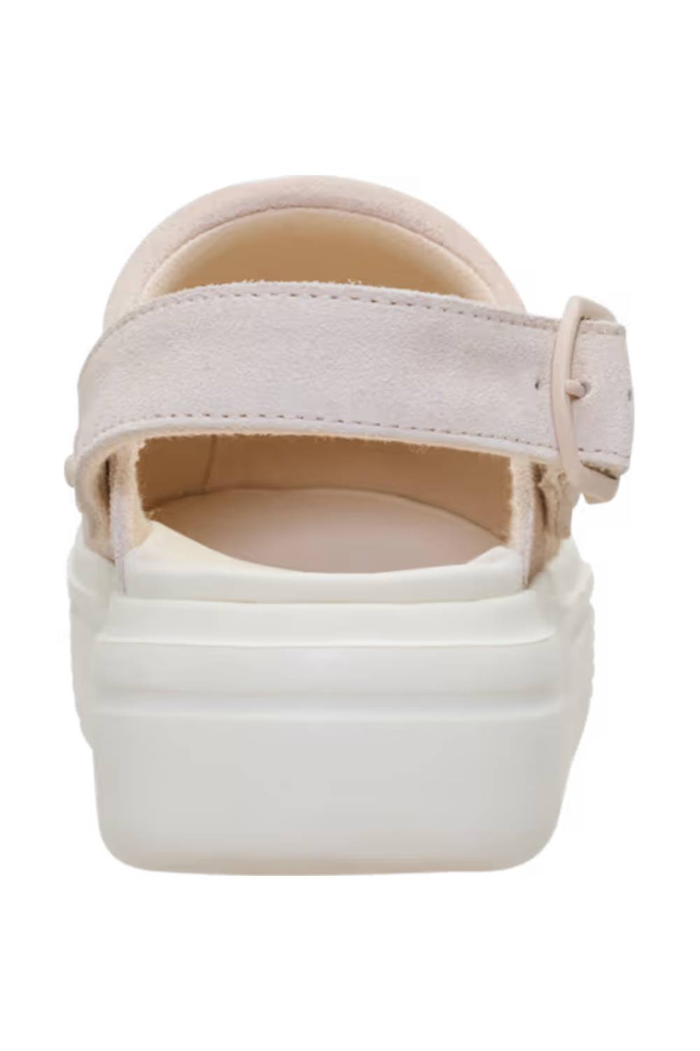 A single platform sandal shown from a front-facing angle against a plain white background. The upper is a light cream or off-white suede-like material with a matching strap and buckle, and it sits on a thick, stacked platform sole.