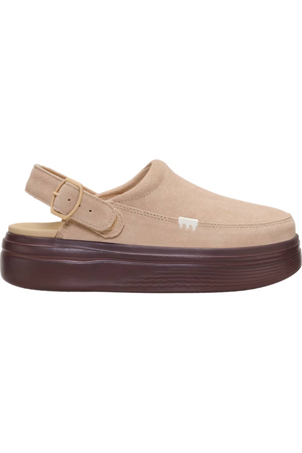 A beige slip-on clog shoe with a dark brown platform sole and a matching beige adjustable ankle strap, shown from a side profile view on a white background.