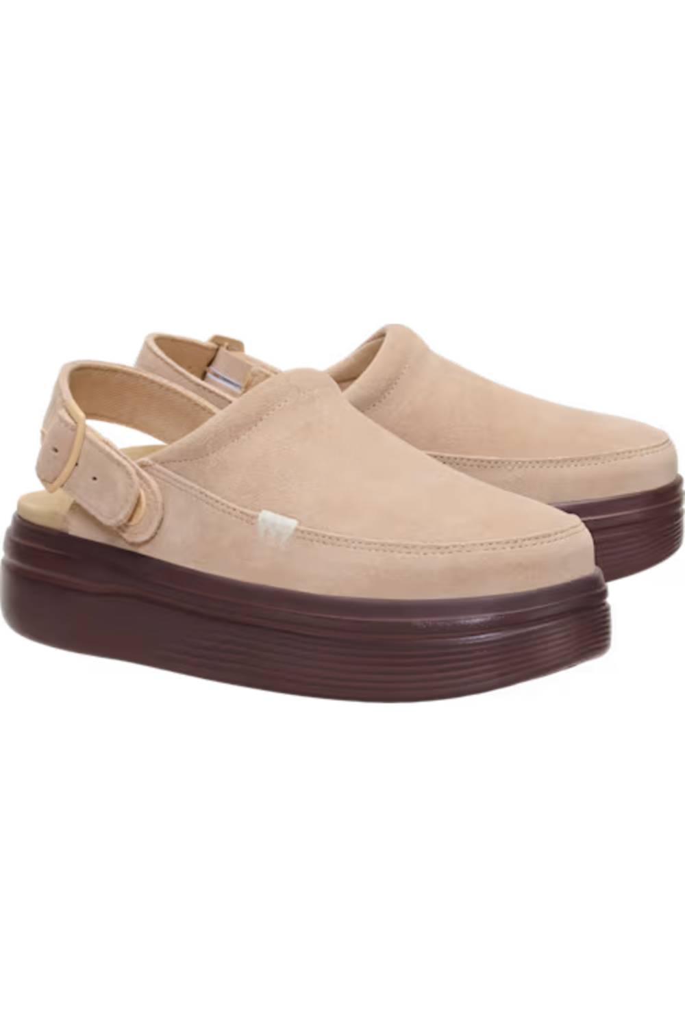 A pair of beige suede clogs with dark brown platform soles and ankle straps, shown against a plain white background.