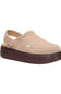 A beige slip-on clog shoe with a dark brown platform sole, shown from a side profile on a white background.