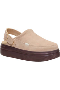 A beige slip-on clog shoe with a dark brown platform sole, shown from a side profile on a white background.