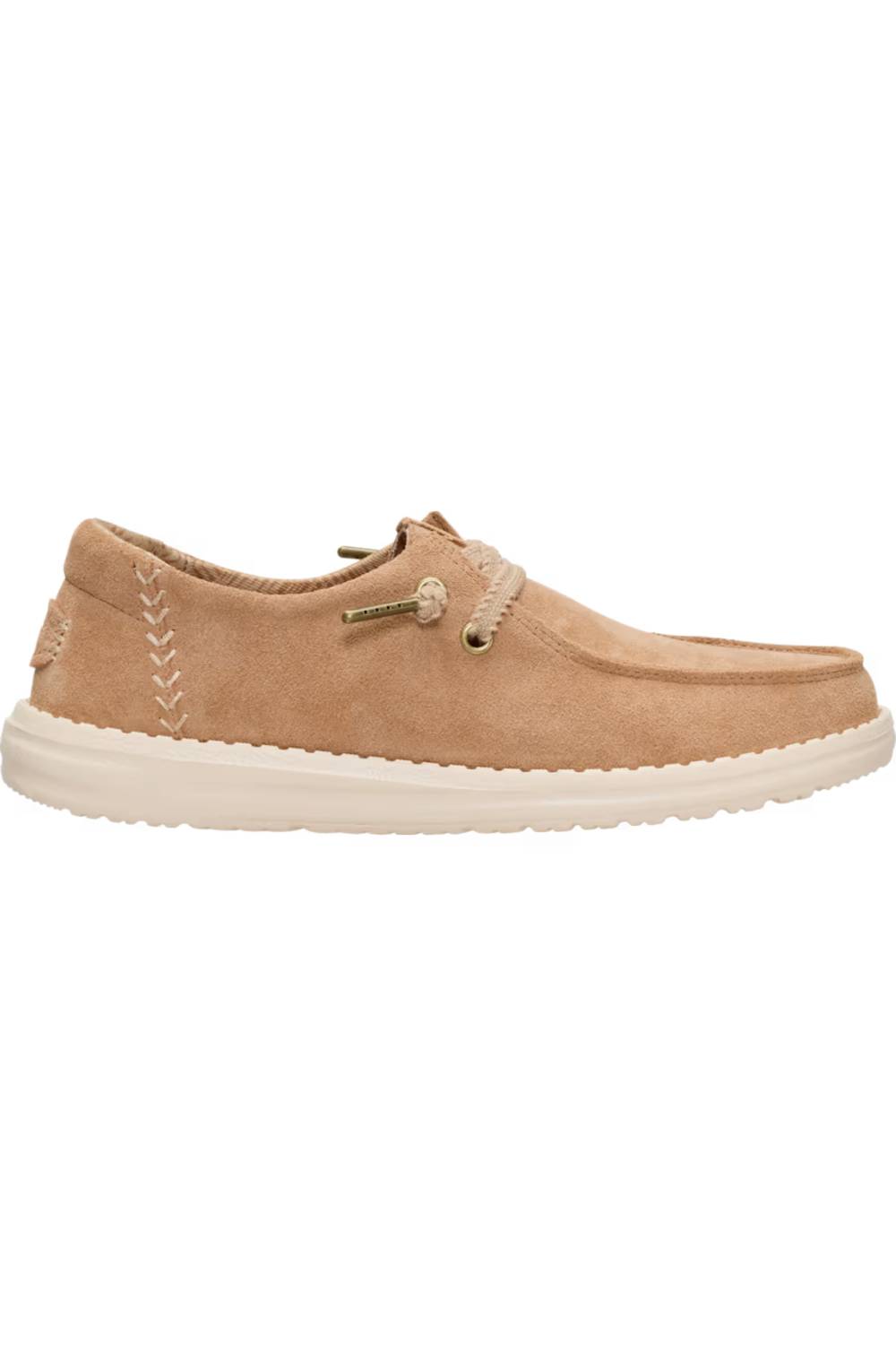 A single tan suede boat shoe with white laces and a white sole, shown in a side profile on a white background.