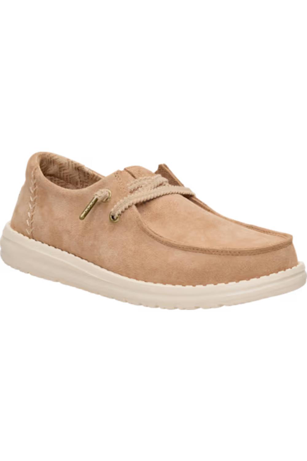 A light tan suede boat shoe with matching laces and a thick white sole, shown from a side angle on a white background.