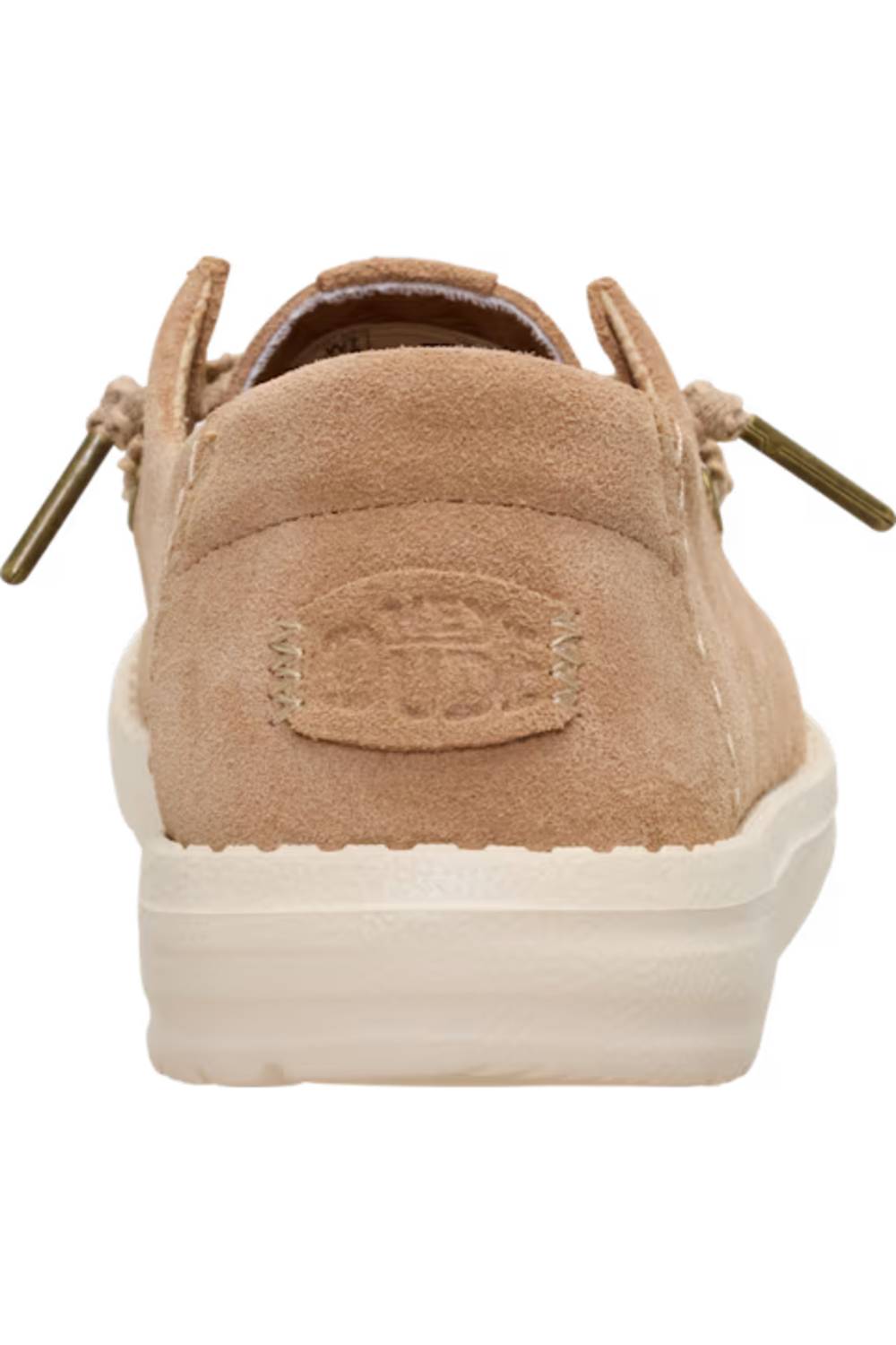 A single light tan suede boat shoe shown from the back, featuring a thick cream-colored sole and matching laces on a white background.