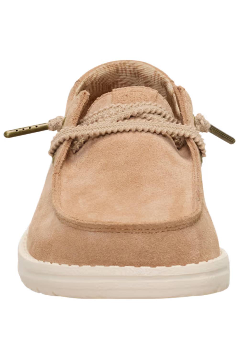 A single tan suede boat shoe with thick braided laces and a white sole, shown from a front-facing perspective on a white background.