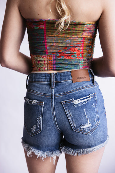 Hidden Frayed Hem Stretch Dark Wash Denim Shorts for Women