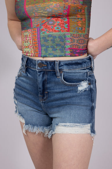 Hidden Frayed Hem Stretch Dark Wash Denim Shorts for Women