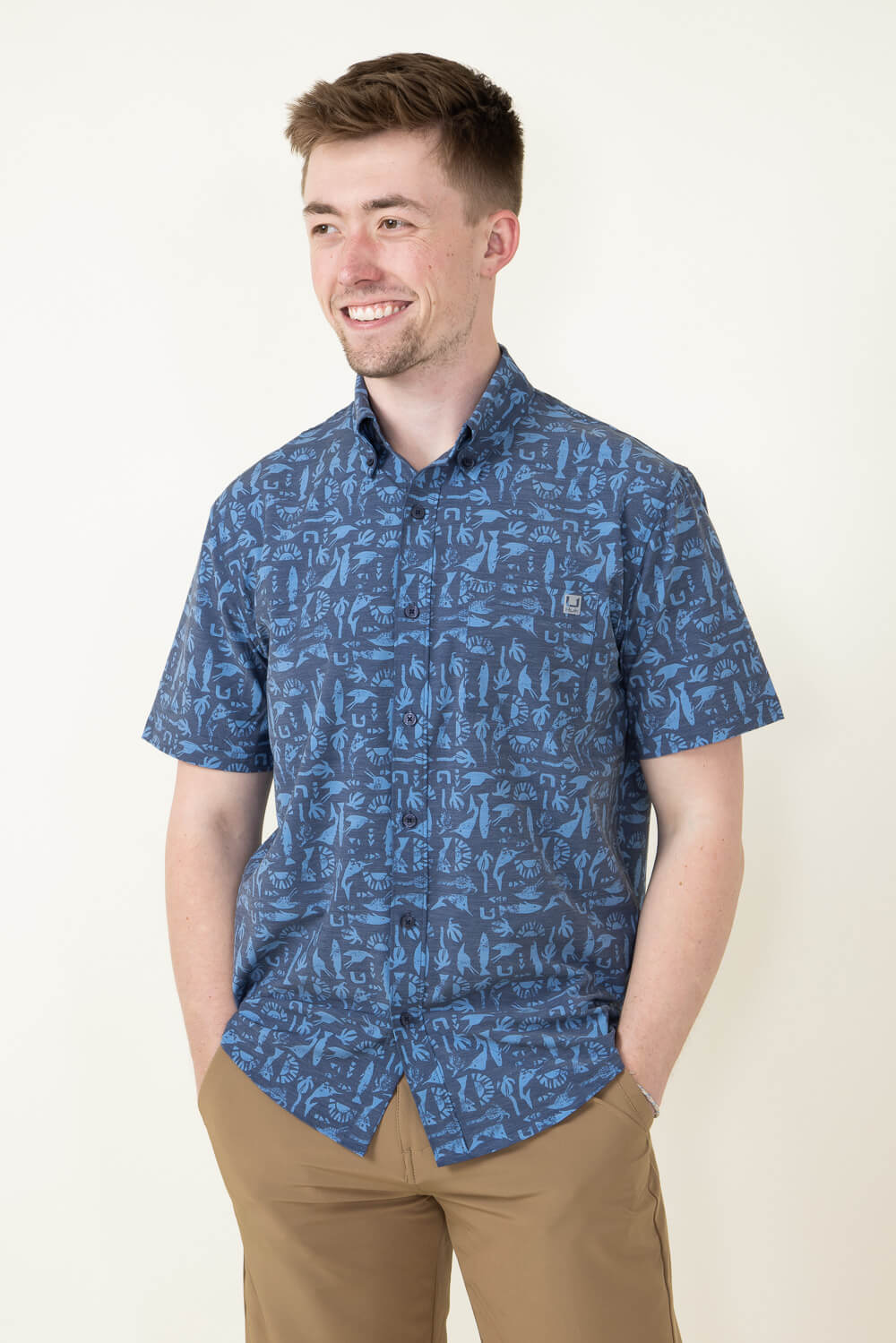 Huk Kona Batiki Short-Sleeve Button-Down Shirt for Men - Naval Academy - L