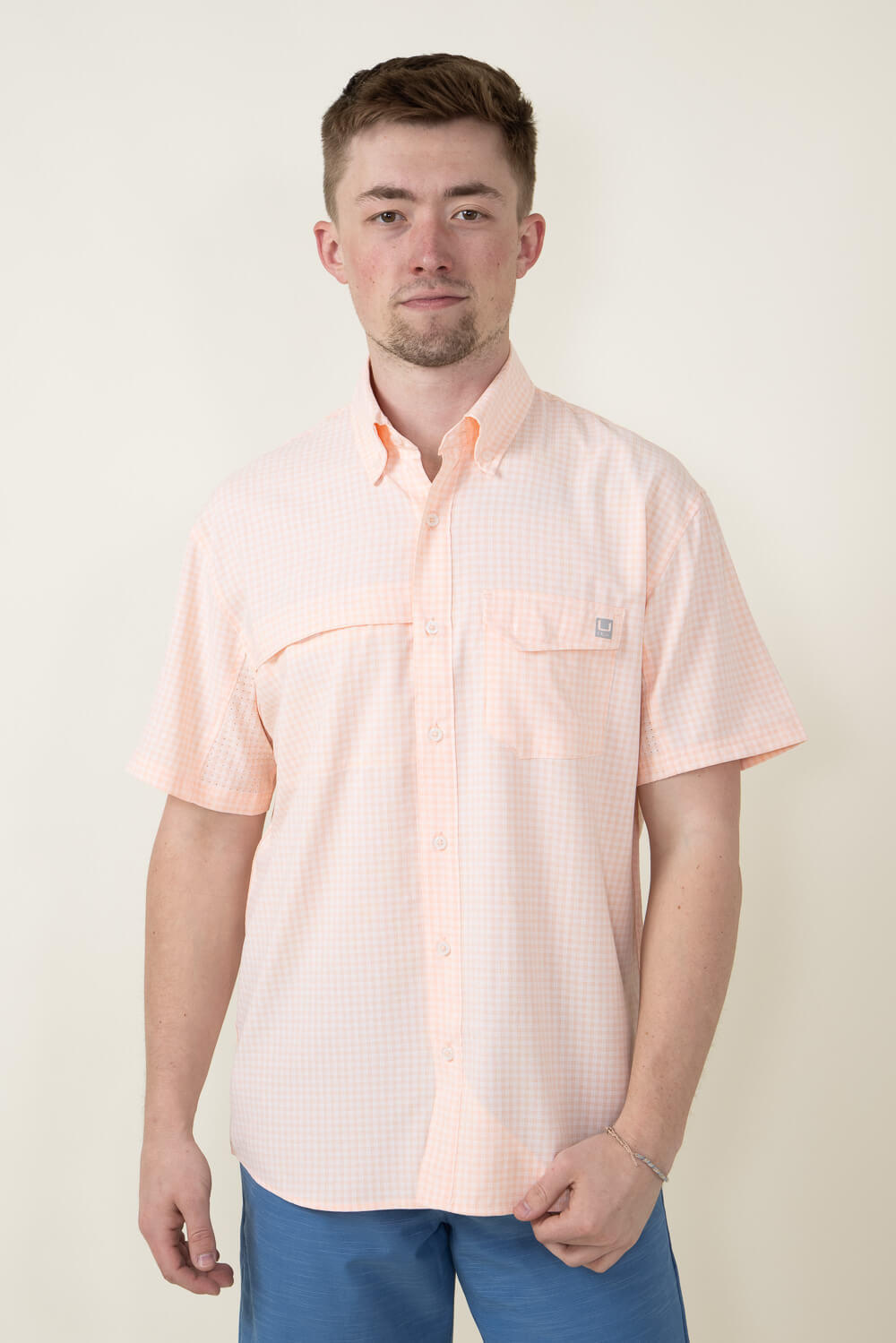 Huk Tide Point Break Short Sleeve Button Down Shirt - Minicheck Peach Nectar / Large