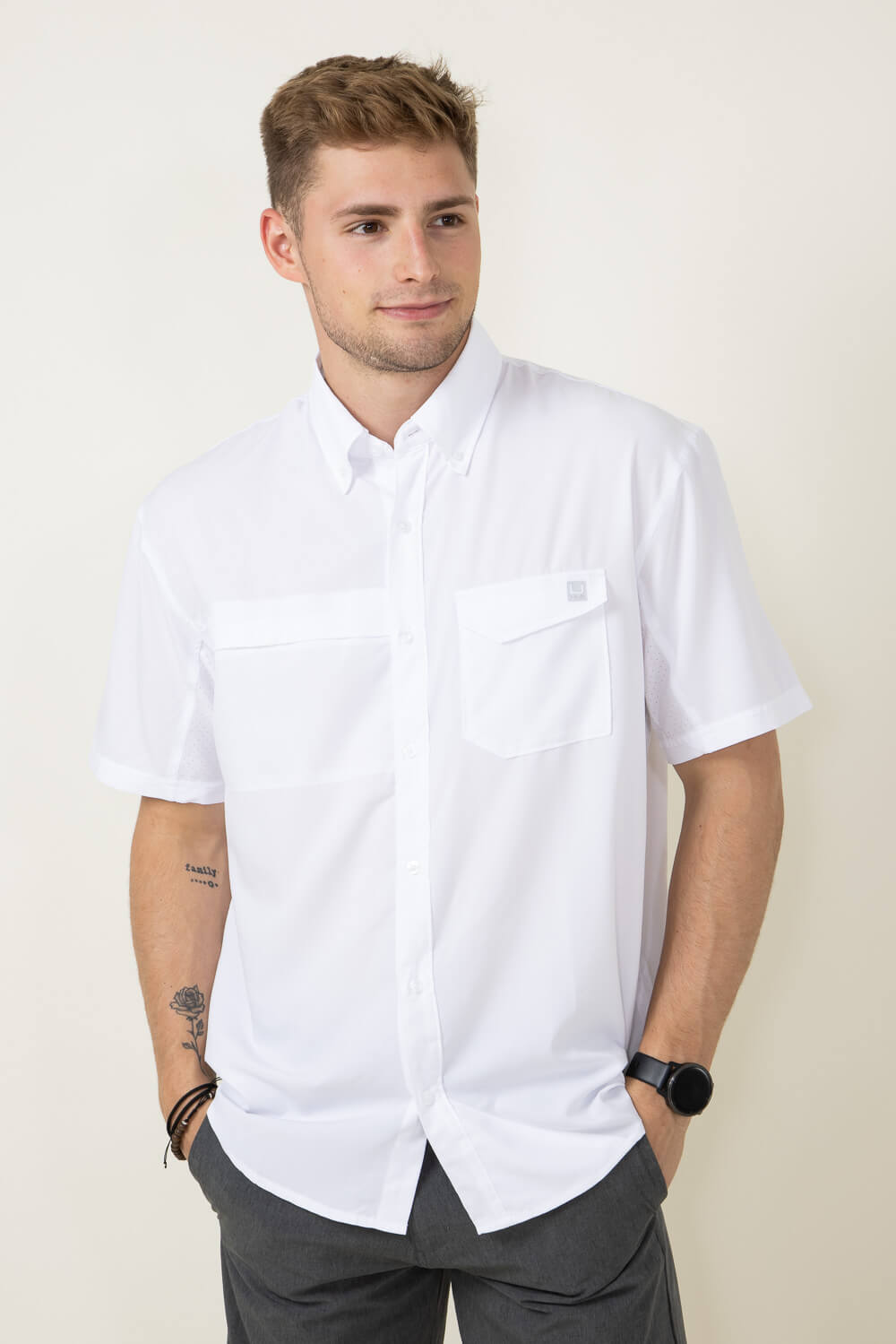 Men's Huk Tide Point Short Sleeve Shirt, Medium, White