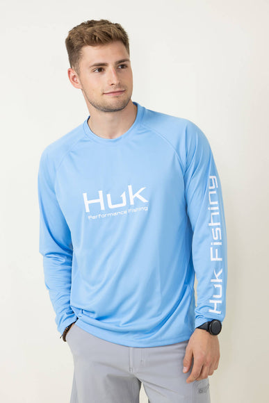 Huk Fishing Vented Pursuit Logo Graphic Long Sleeve Shirt for Men in Blue 