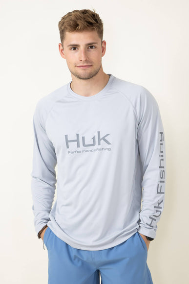 Huk Fishing Vented Pursuit Logo Graphic Long Sleeve Shirt for Men in Grey