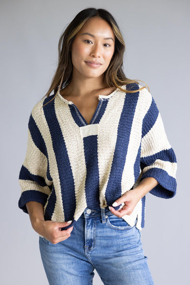 Illa Illa Vertical Stripe Quarter Sleeve Top for Women in Navy