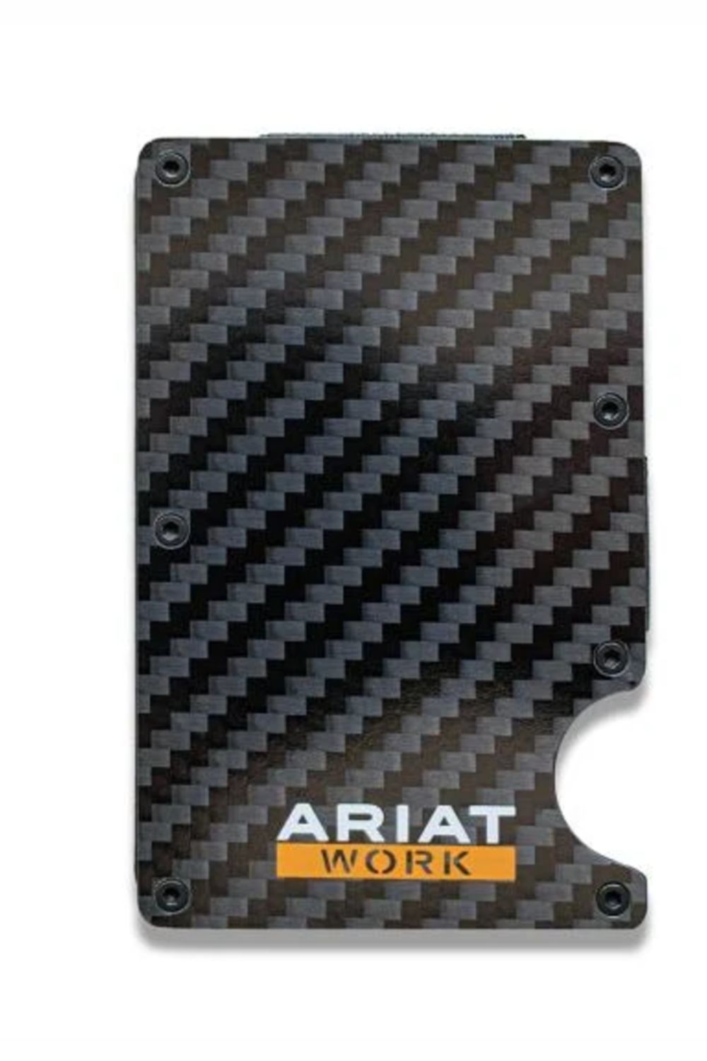 A slim rectangular card holder or wallet with a black carbon fiber pattern, featuring the 'ARIAT WORK' logo in white and orange at the bottom, shown on a plain white background.