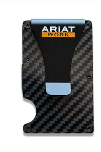 A compact cardholder wallet with a black and gray carbon fiber pattern, featuring a black central area with a light blue accent and the 'ARIAT WORK' logo printed in white and orange.