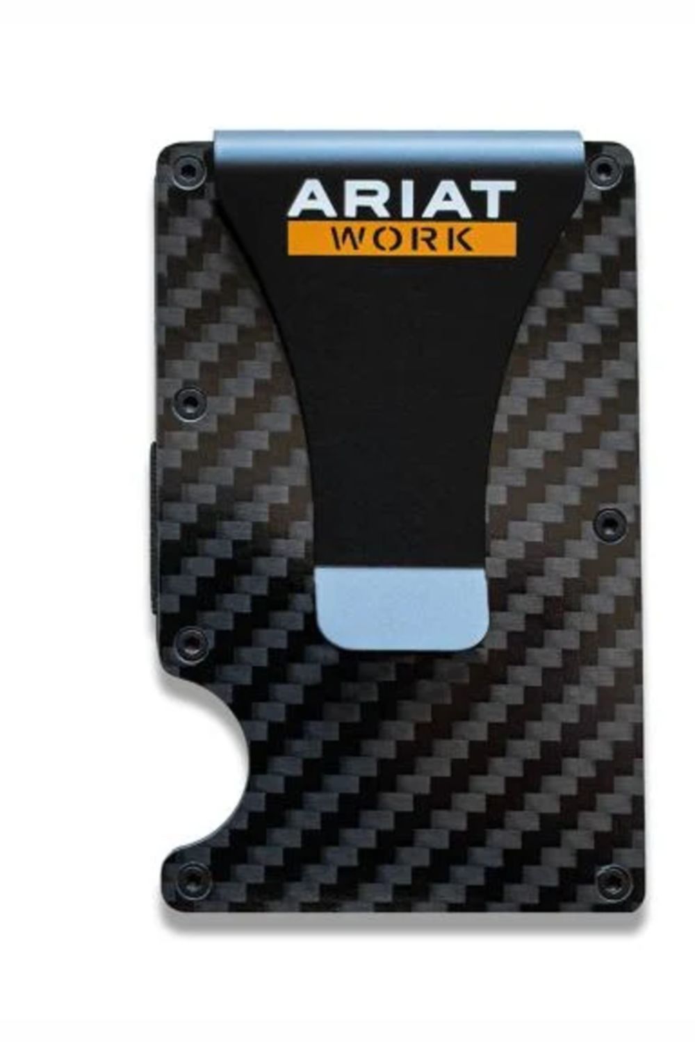 A compact cardholder wallet with a black and gray carbon fiber pattern, featuring a black central area with a light blue accent and the 'ARIAT WORK' logo printed in white and orange.