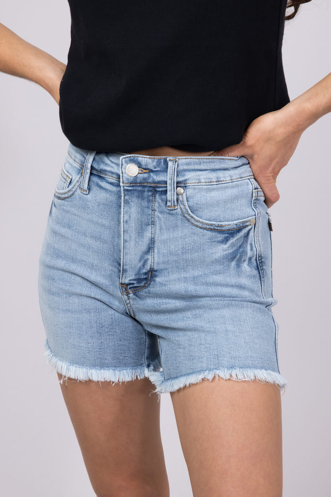 Judy Blue High Waist Tummy Control Shorts With Fray Hem & Shield Back Pocket - Comfort Denim Style