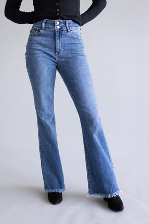 Judy Blue Women's Mid Rise Dark Wash Bootcut Jeans - Frayed Hem & Stretch